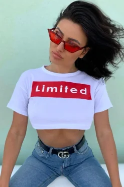 Rebellious Fashion White Red Limited Slogan Cropped T Shirt - Drew