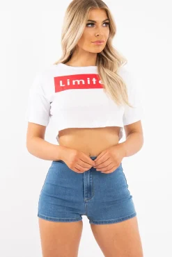 Rebellious Fashion White Red Limited Slogan Cropped T Shirt - Drew