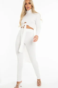 Rebellious Fashion White Rib Asymmetric Tie Front Top Legging Loungewear Co-Ord - Sasha