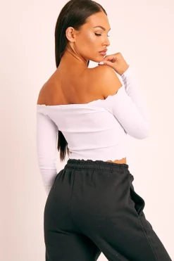 Rebellious Fashion White Ribbed Bardot Crop Top - Daniah