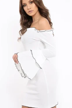 Rebellious Fashion White Ribbed Bell Sleeve Mini Dress - Ariana