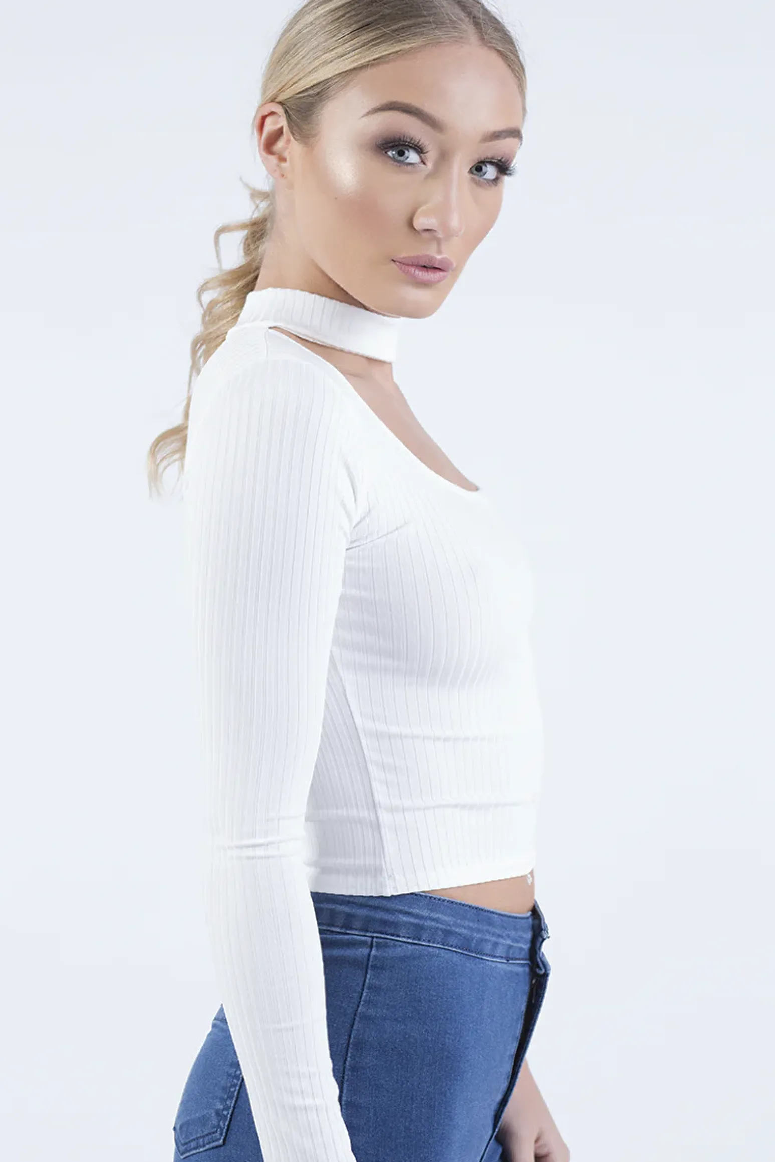 Rebellious Fashion White Ribbed Choker Cut Out Crop Top - Mary