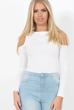 Rebellious Fashion White Ribbed Cold Shoulder Bodysuit - Gigi