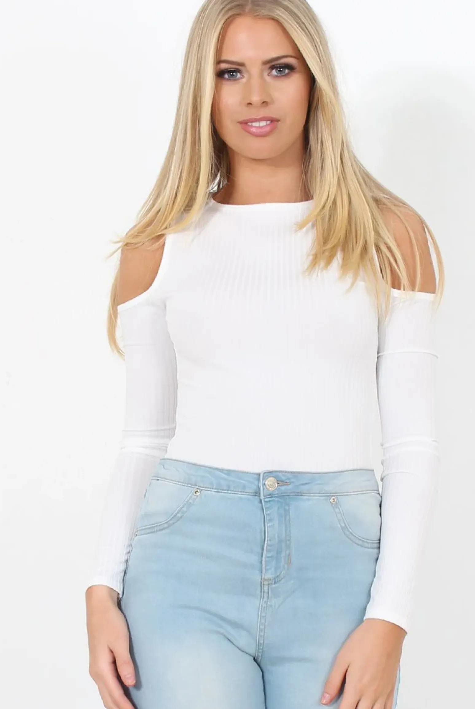 Rebellious Fashion White Ribbed Cold Shoulder Bodysuit - Gigi
