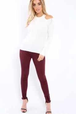Rebellious Fashion White Ribbed Cold Shoulder Jumper - Briella