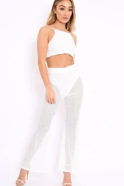 Rebellious Fashion White Ribbed Crop Top and Sheer Trousers Co-ord - Nayana