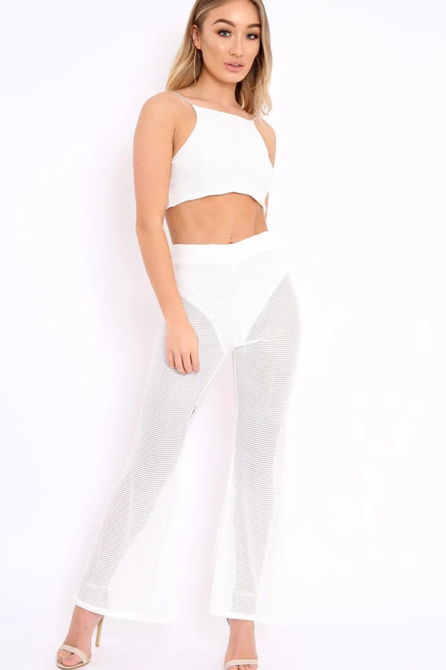 Rebellious Fashion White Ribbed Crop Top and Sheer Trousers Co-ord - Nayana