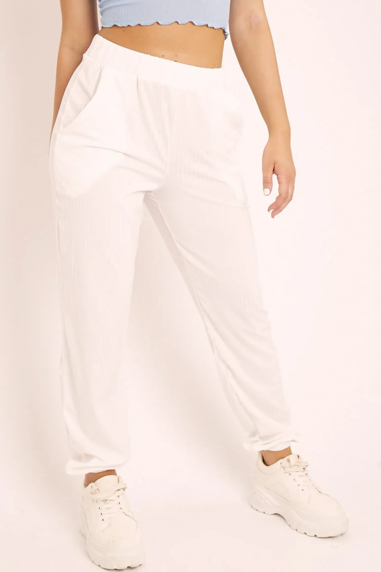 Rebellious Fashion White Ribbed Cuffed Trousers - Scarletta