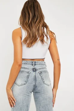 Rebellious Fashion White Ribbed Notch Contrast Stitch Crop Top - Rinnah