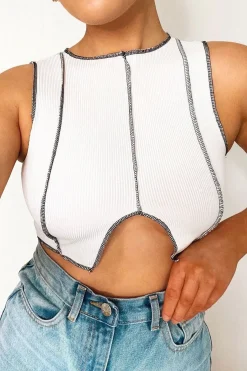 Rebellious Fashion White Ribbed Notch Contrast Stitch Crop Top - Rinnah