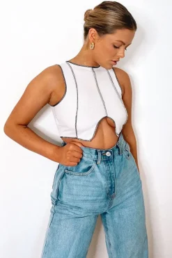 Rebellious Fashion White Ribbed Notch Contrast Stitch Crop Top - Rinnah