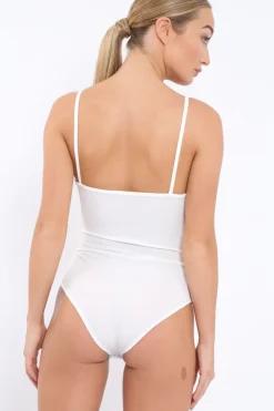 Rebellious Fashion White Ribbed Plunge Wrap Bodysuit - Abriana