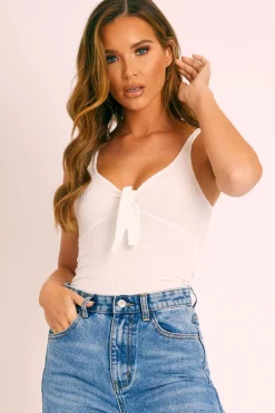 Rebellious Fashion White Ribbed Tie Front Bodysuit - Jadynn