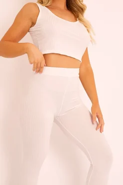 Rebellious Fashion White Ribbed Vest Leggings Loungewear Co-ord - Charlee