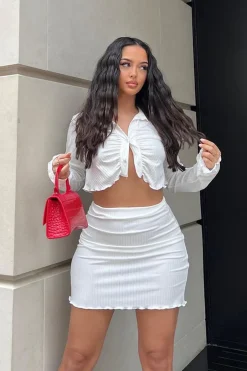 Rebellious Fashion White Rib Button Up Crop Top & Mini Skirt Set - Neha