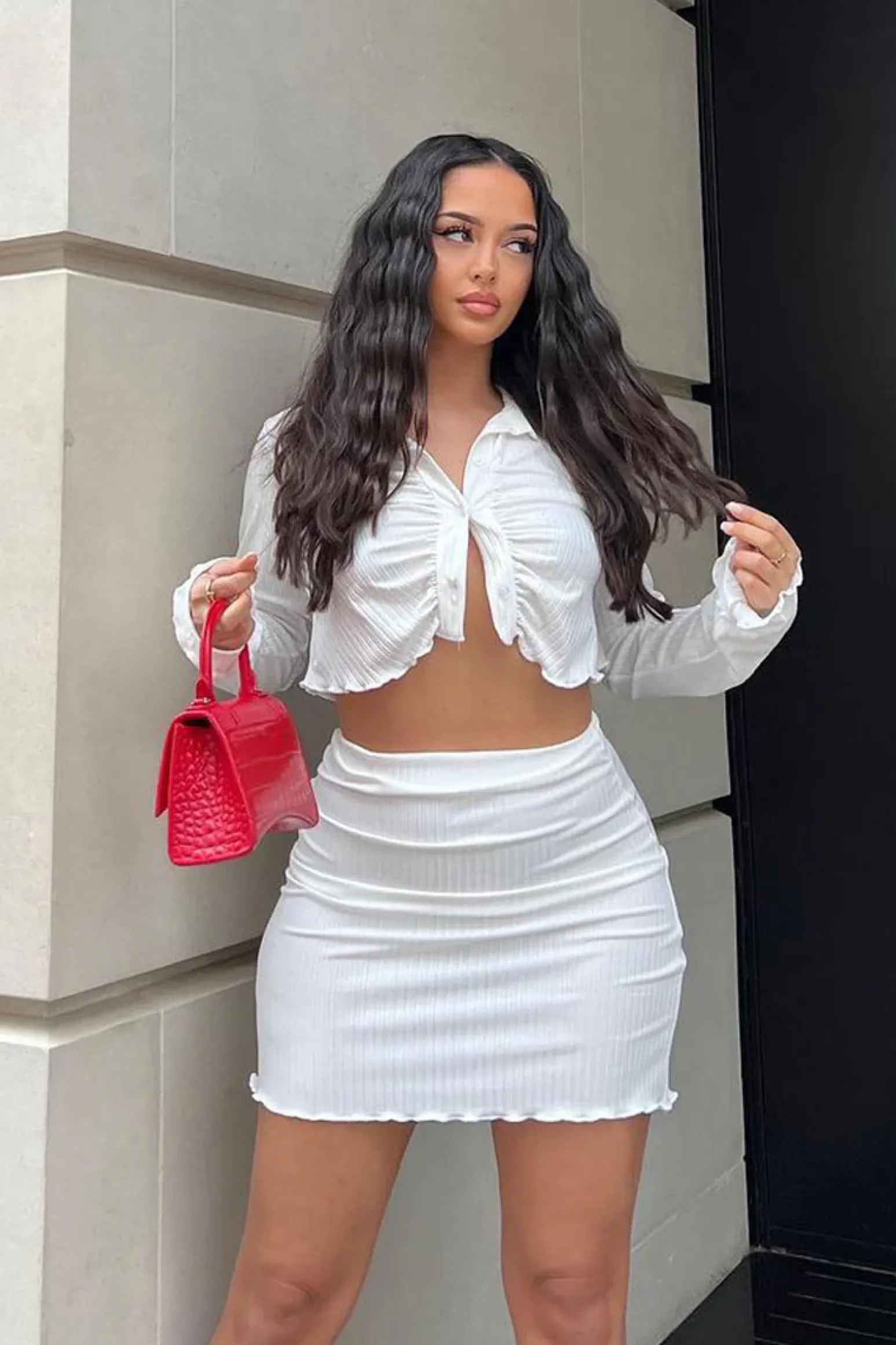 Rebellious Fashion White Rib Button Up Crop Top & Mini Skirt Set - Neha