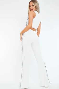 Rebellious Fashion White Rib Contrast Seam Crop Top & Flare Trouser Set - Beena