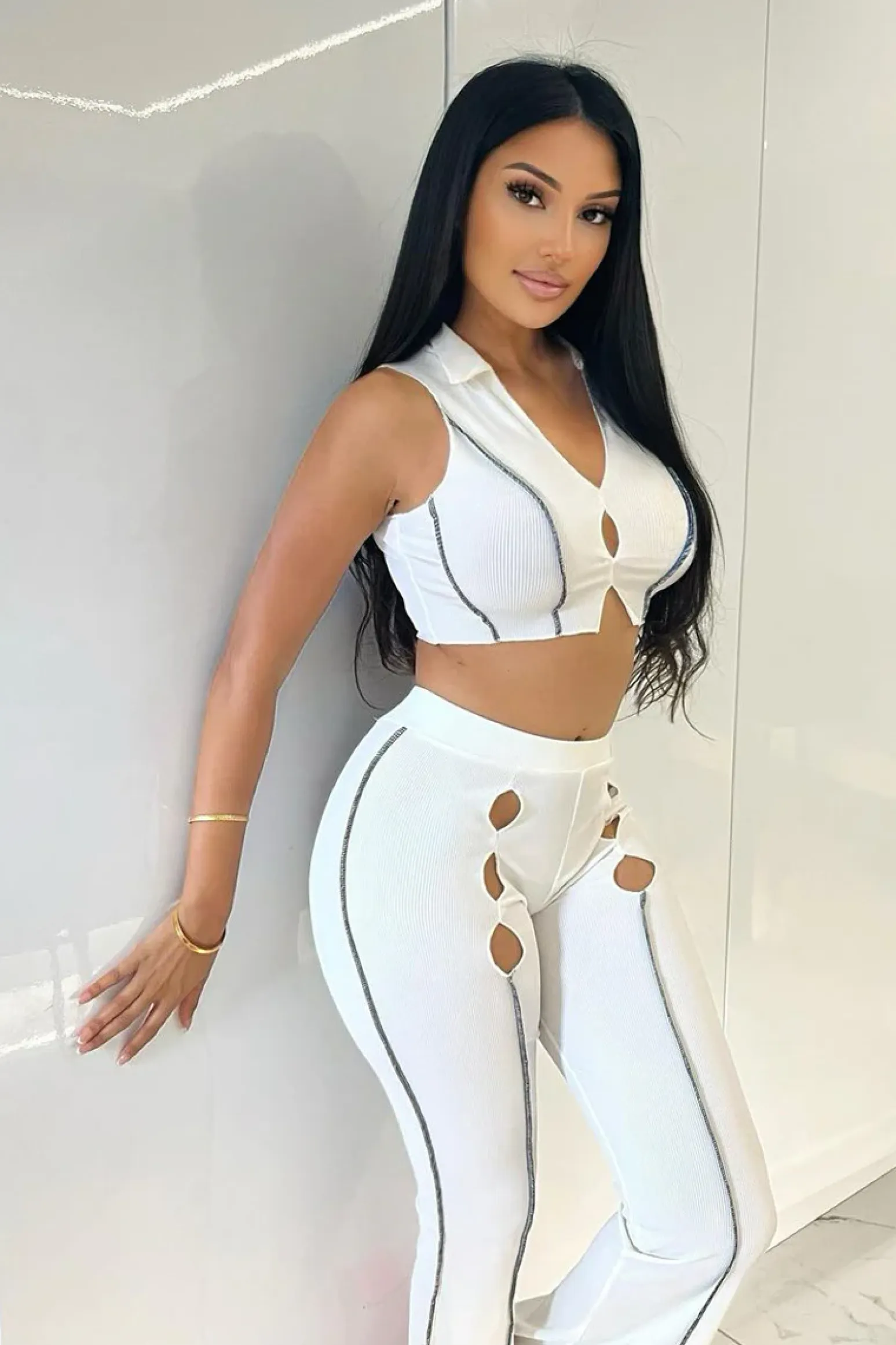 Rebellious Fashion White Rib Contrast Seam Crop Top & Flare Trouser Set - Beena