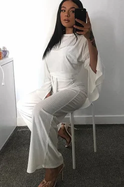 Rebellious Fashion White Rib Crop Jumper Tie Wide Leg Trousers Loungewear Co-Ord - Mirabel