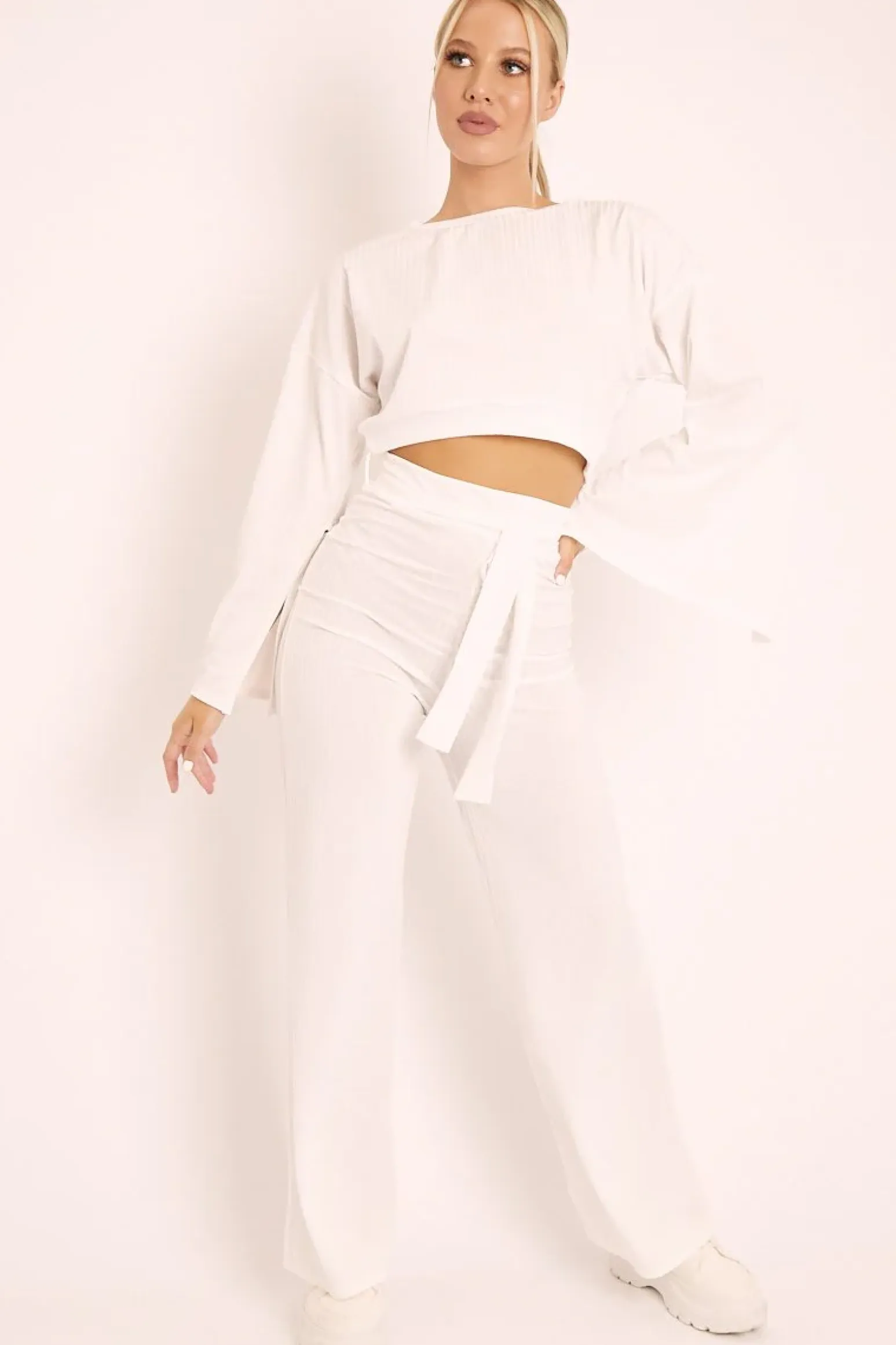 Rebellious Fashion White Rib Crop Jumper Tie Wide Leg Trousers Loungewear Co-Ord - Mirabel