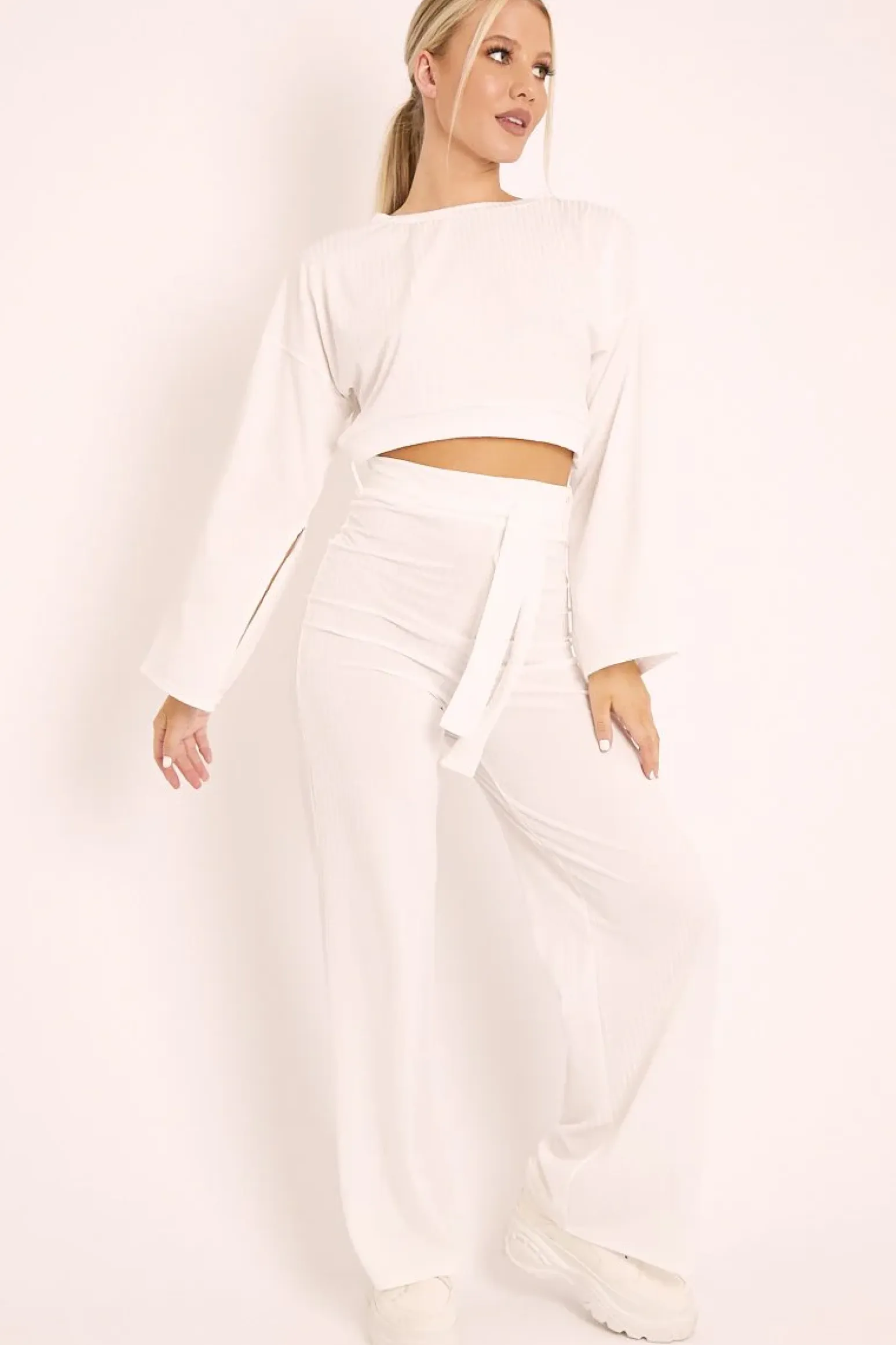 Rebellious Fashion White Rib Crop Jumper Tie Wide Leg Trousers Loungewear Co-Ord - Mirabel