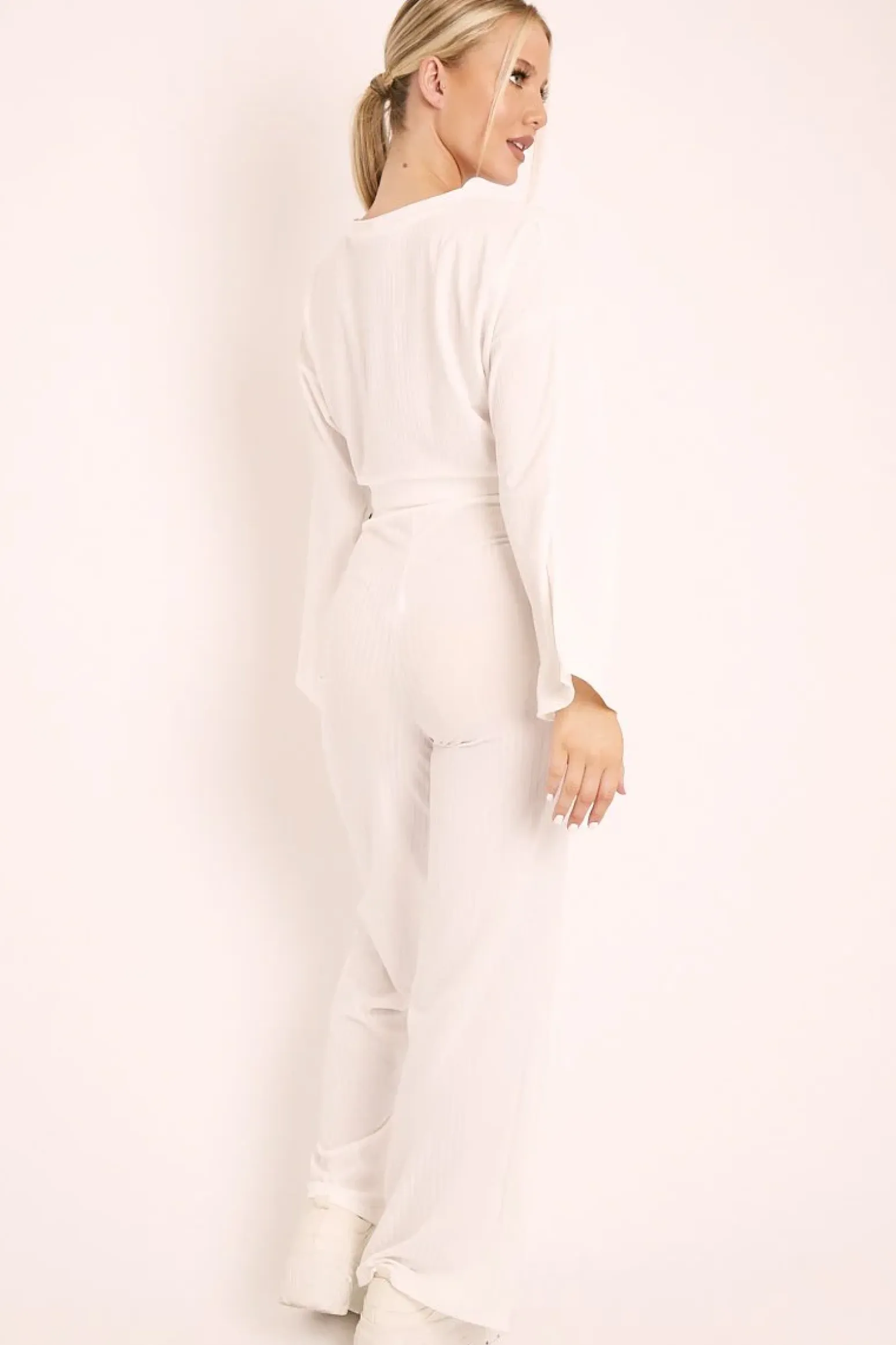 Rebellious Fashion White Rib Crop Jumper Tie Wide Leg Trousers Loungewear Co-Ord - Mirabel