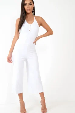 Rebellious Fashion White Rib Halterneck Button Front Jumpsuit - Calirose