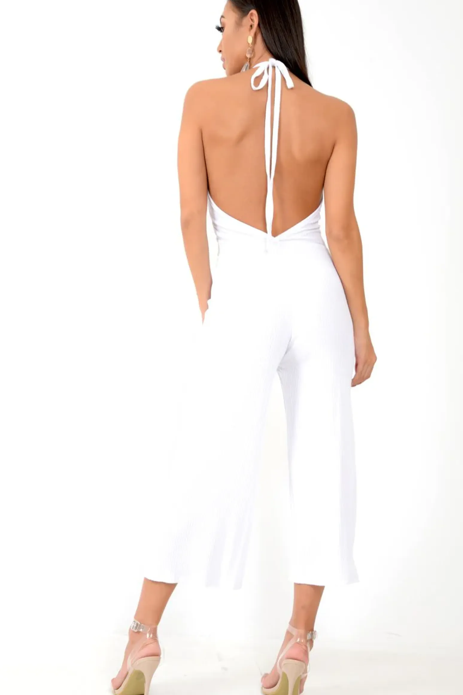 Rebellious Fashion White Rib Halterneck Button Front Jumpsuit - Calirose