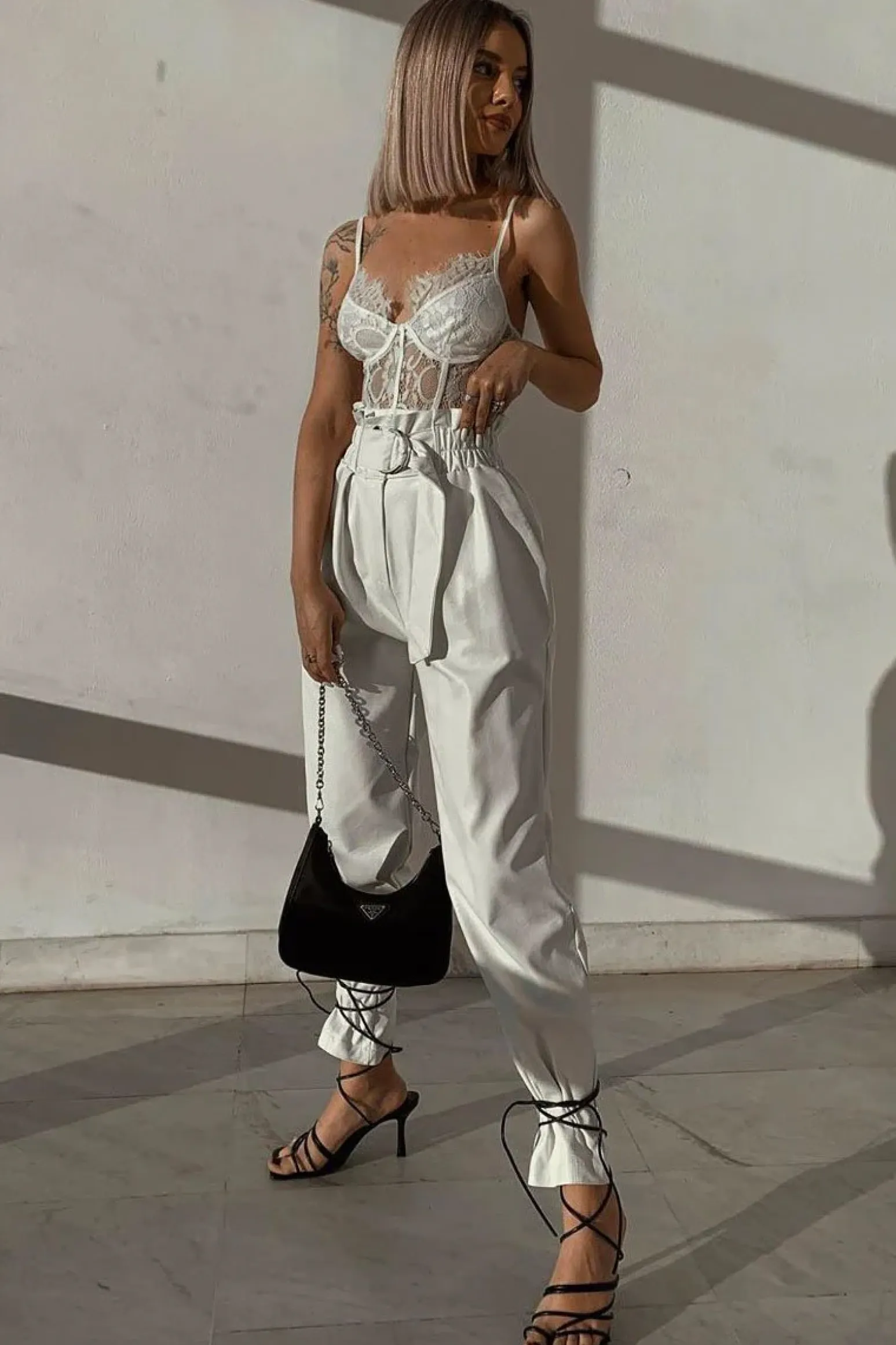 Rebellious Fashion White Ring Belt Straight Leg PU Trousers - Jazmine