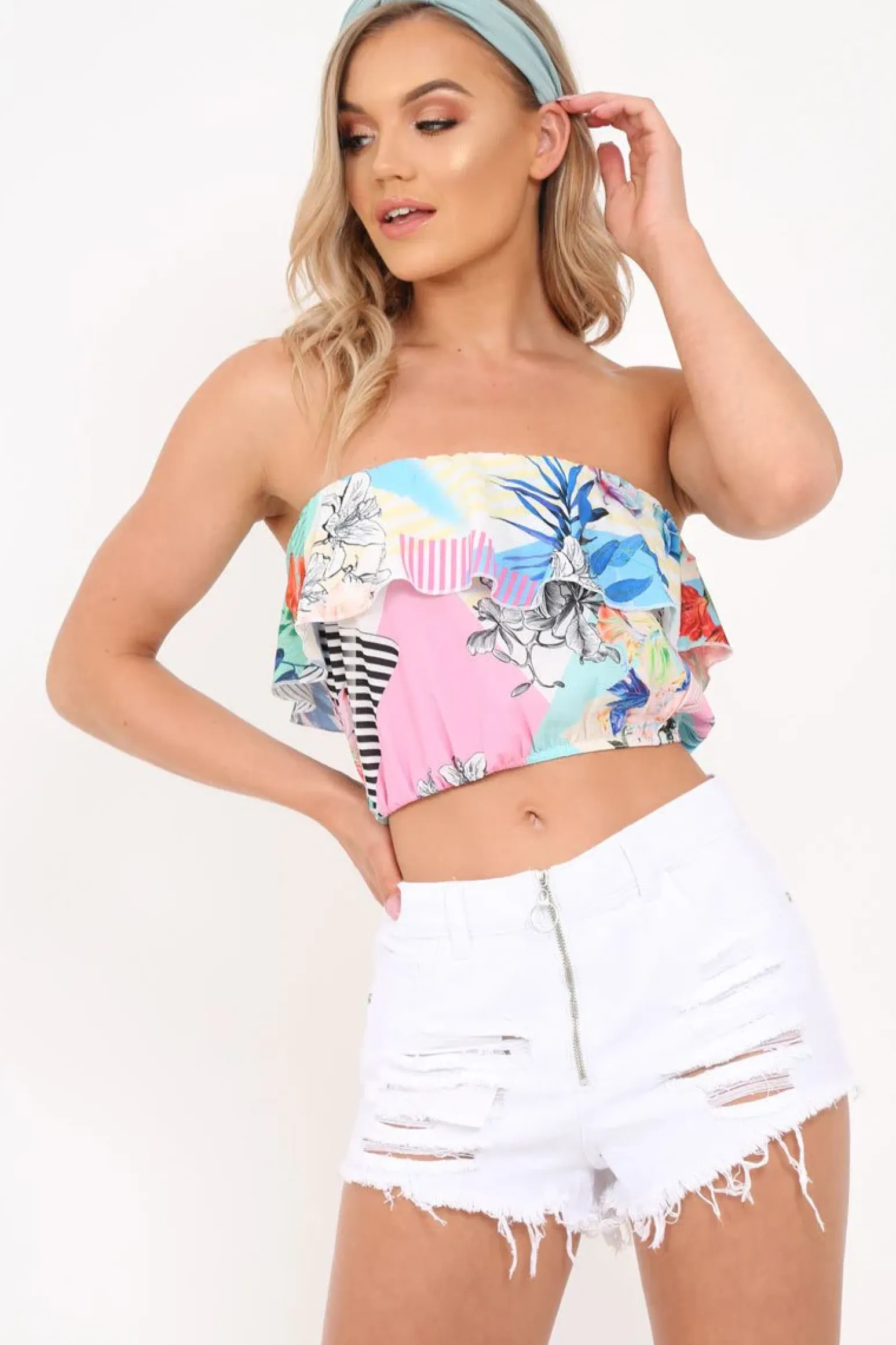 Rebellious Fashion White Ring Zip Front Distressed Denim Shorts - Kamea