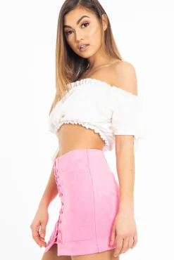 Rebellious Fashion White Ruched Bardot Gypsy Crop Top - Janette