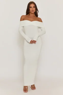 Rebellious Fashion White Ruched Bardot Jersey Maxi Dress - Celestina