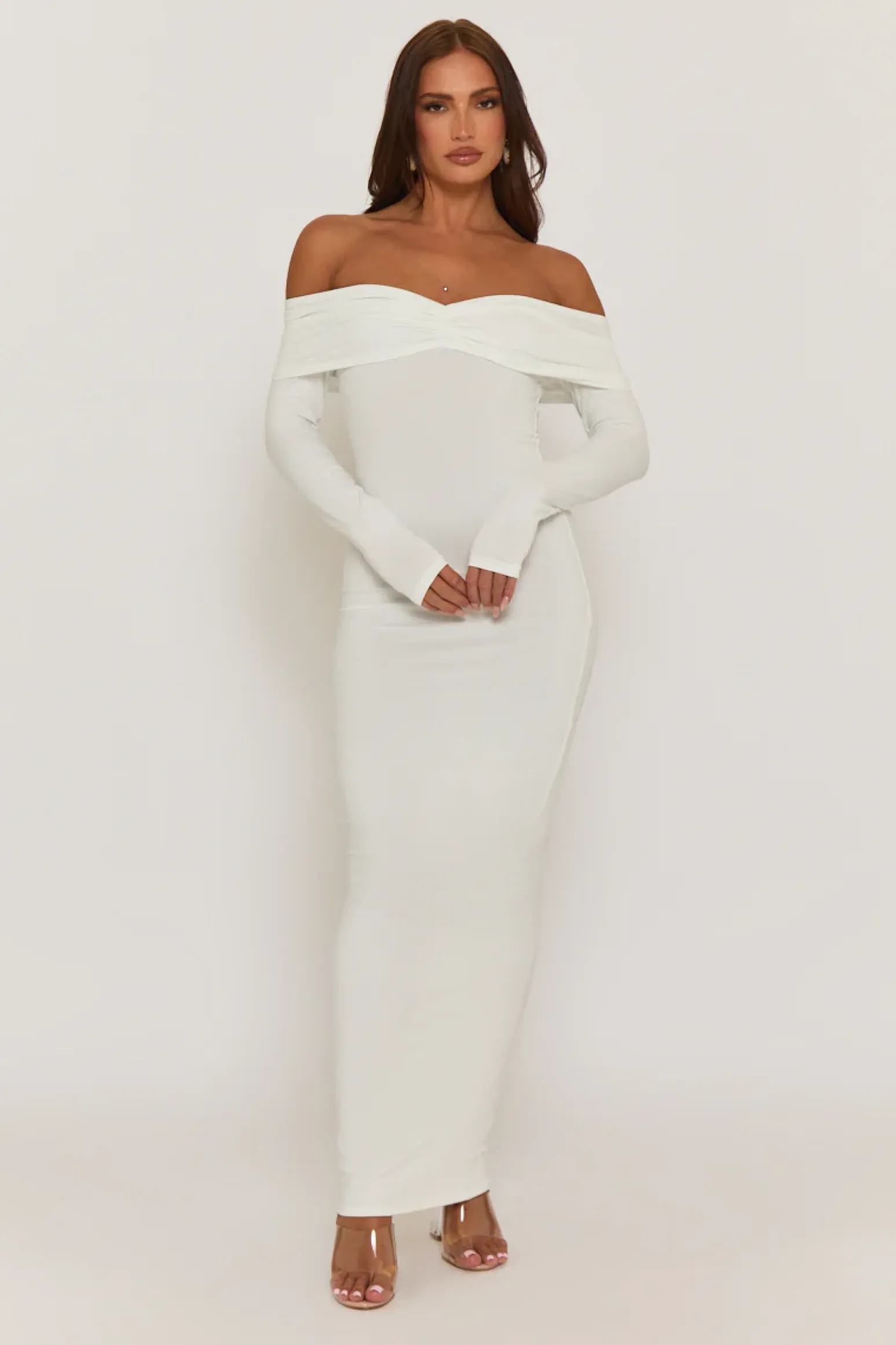 Rebellious Fashion White Ruched Bardot Jersey Maxi Dress - Celestina