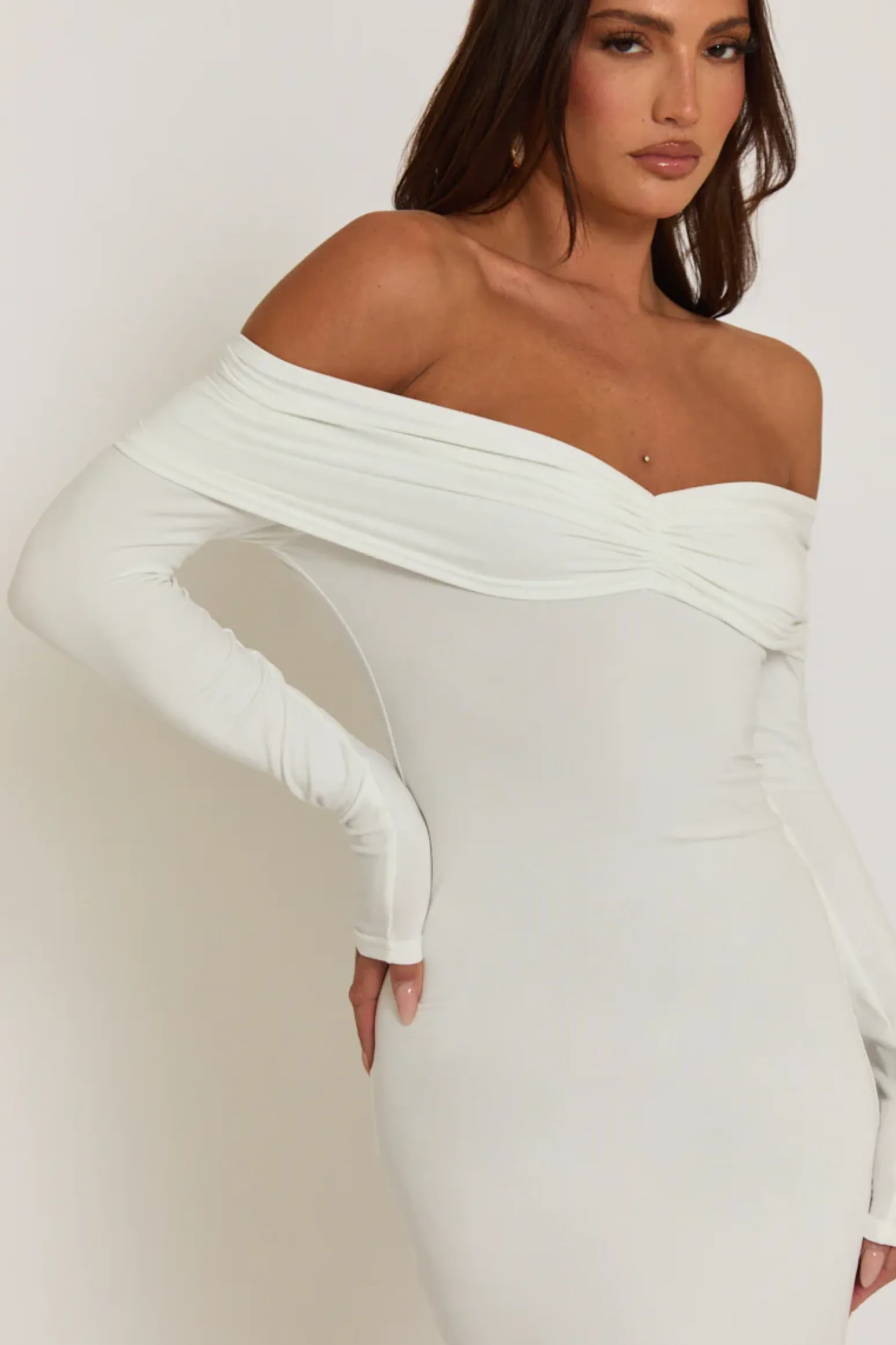 Rebellious Fashion White Ruched Bardot Jersey Maxi Dress - Celestina