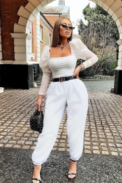 Rebellious Fashion White Ruched Body Mesh Sleeve Bodysuit - Amylee