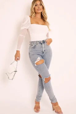 Rebellious Fashion White Ruched Body Mesh Sleeve Bodysuit - Raeya