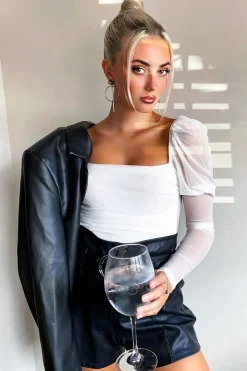 Rebellious Fashion White Ruched Body Mesh Sleeve Bodysuit - Raeya