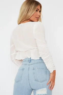 Rebellious Fashion White Ruched Sleeve Peplum Top - Hawi