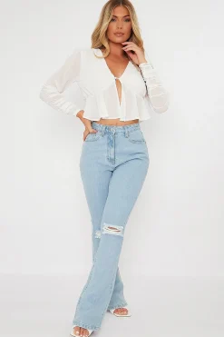 Rebellious Fashion White Ruched Sleeve Peplum Top - Hawi