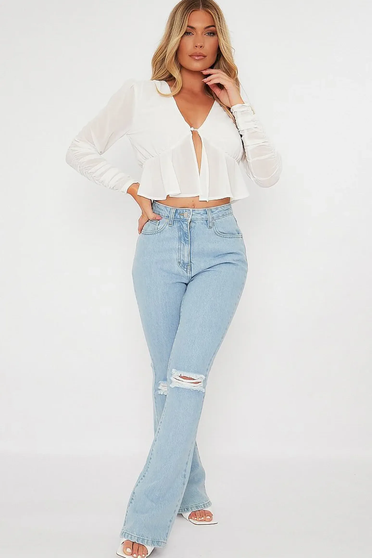 Rebellious Fashion White Ruched Sleeve Peplum Top - Hawi