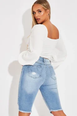 Rebellious Fashion White Ruched Square Neckline Crop Top - Hallie