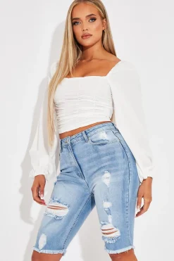 Rebellious Fashion White Ruched Square Neckline Crop Top - Hallie