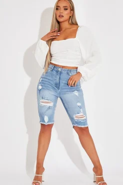 Rebellious Fashion White Ruched Square Neckline Crop Top - Hallie