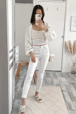 Rebellious Fashion White Ruched Square Neckline Crop Top - Hallie