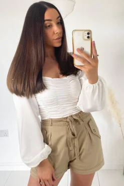 Rebellious Fashion White Ruched Square Neckline Crop Top - Hallie