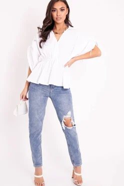 Rebellious Fashion White Ruched Waist Plunge Neckline Kimono Sleeve Shirt - Eilene