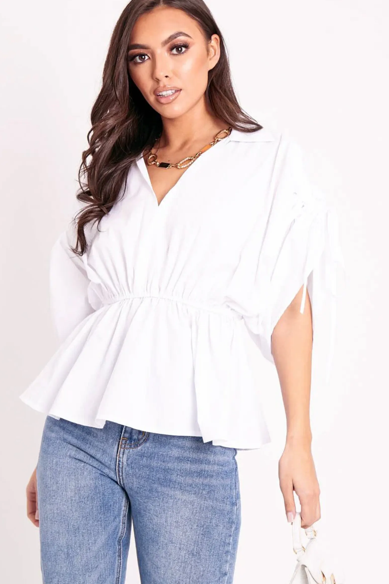 Rebellious Fashion White Ruched Waist Plunge Neckline Kimono Sleeve Shirt - Eilene