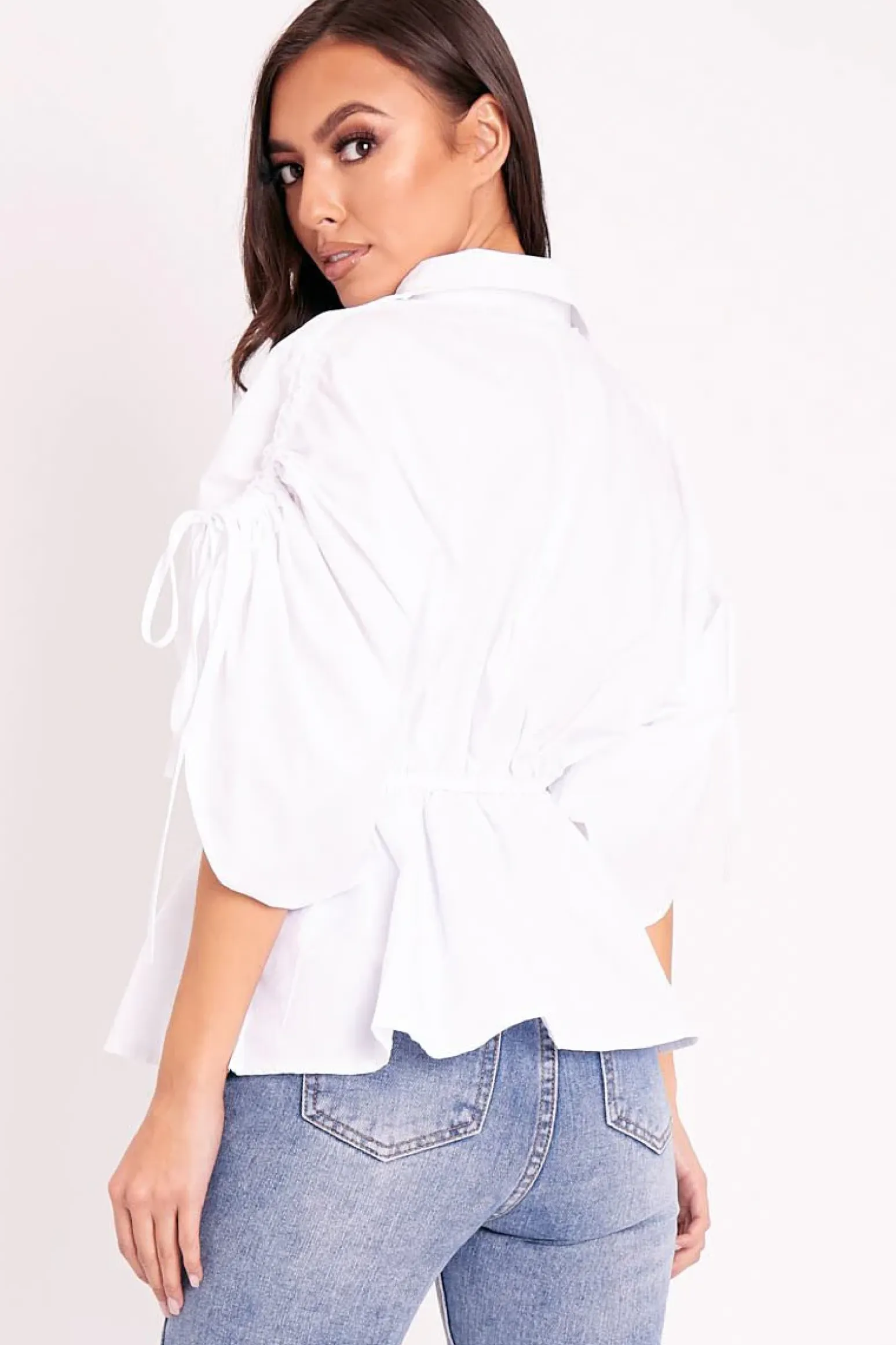 Rebellious Fashion White Ruched Waist Plunge Neckline Kimono Sleeve Shirt - Eilene