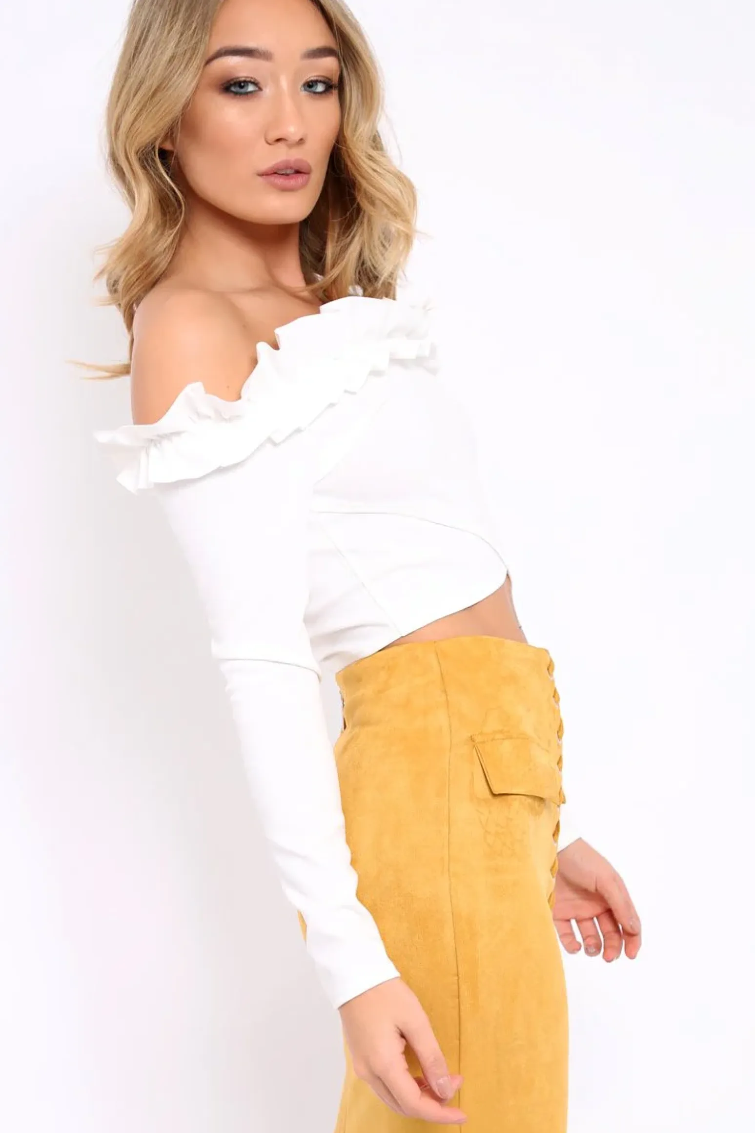 Rebellious Fashion White Ruffle Bardot Crop Top - Milly