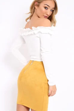 Rebellious Fashion White Ruffle Bardot Crop Top - Milly